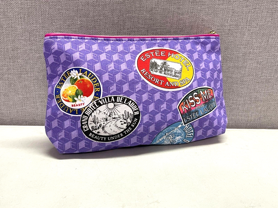 Estee Lauder Small Purple Holiday Stamp Print Cosmetic / Make-up Bag - Brand NEW