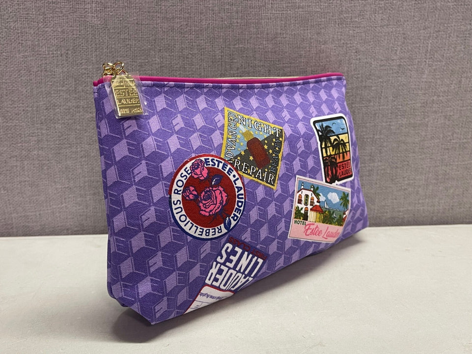 Estee Lauder Small Purple Holiday Stamp Print Cosmetic / Make-up Bag - Brand NEW