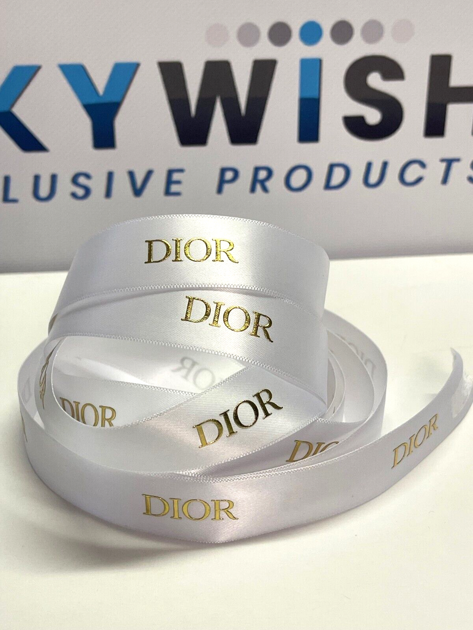 Authentic DIOR Ribbon White Satin w/ Gold logo 2cm Wide x 200cm NEW