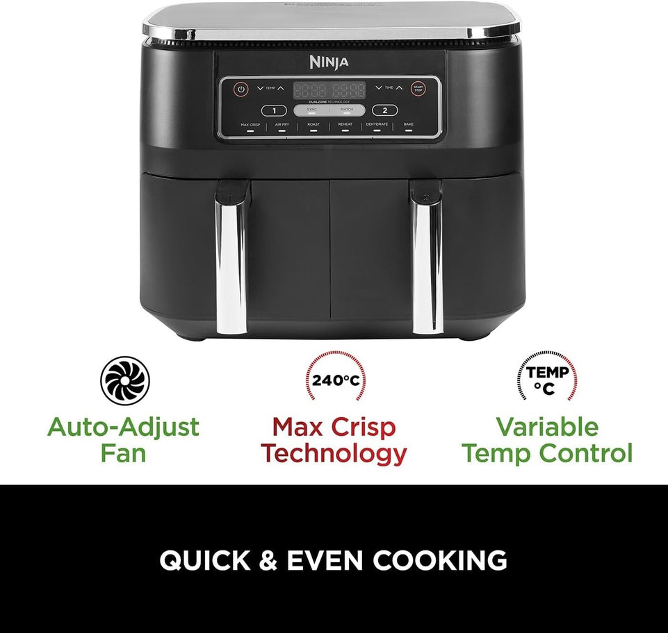 Ninja Foodi Dual Zone Digital Air Fryer, 2 Drawers, 7.6L, 6-in-1, Black AF300UK