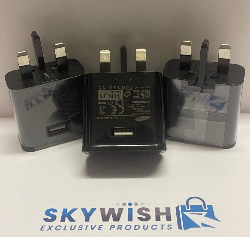 3 X Black Samsung USB- Fast -Charging Adaptive- Mains Charger 3 pin UK