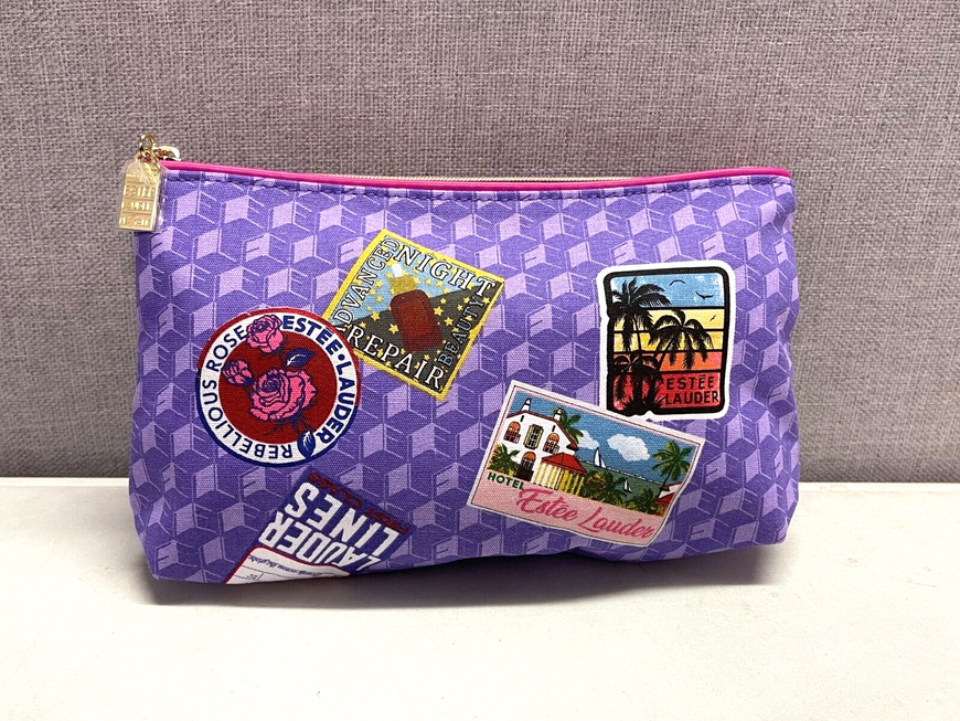 Estee Lauder Small Purple Holiday Stamp Print Cosmetic / Make-up Bag - Brand NEW