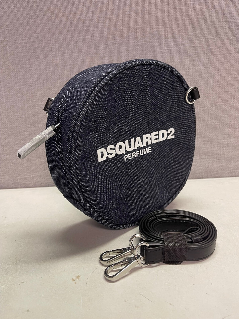 Dsquared 2 Perfume Jeans Round Cross body bag with Long Strap and dust bag, New