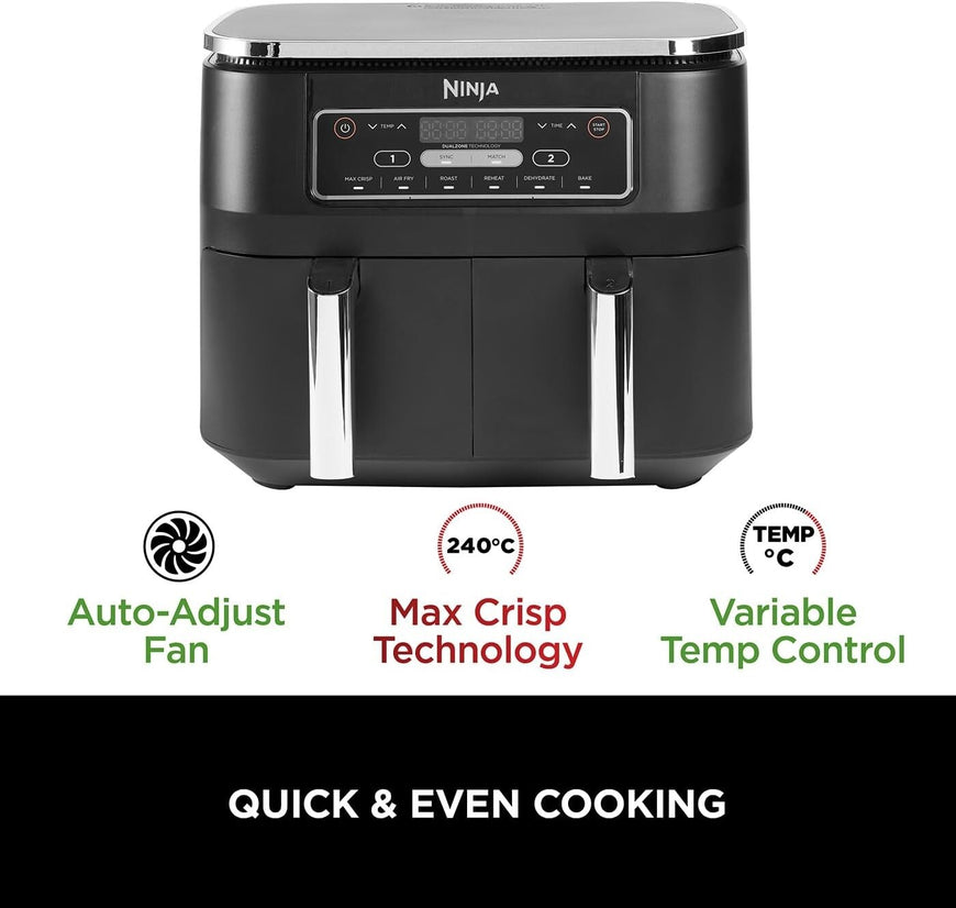 Ninja Foodi Dual Zone Digital Air Fryer, 2 Drawers, 7.6L, 6-in-1, Black AF300UK