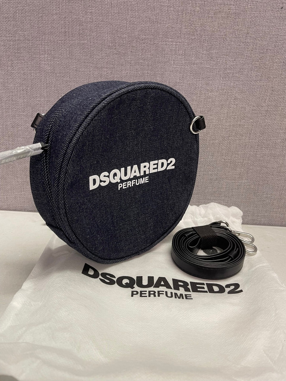 Dsquared 2 Perfume Jeans Round Cross body bag with Long Strap and dust bag, New