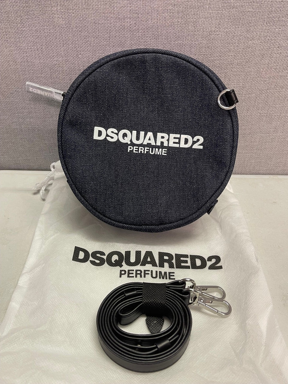 Dsquared 2 Perfume Jeans Round Cross body bag with Long Strap and dust bag, New