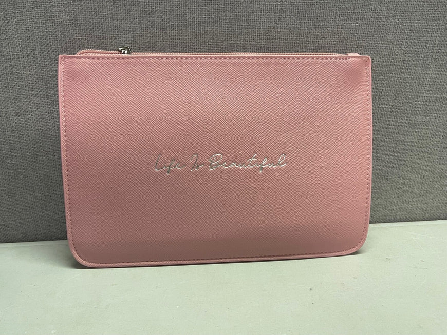 LIFE IS BEAUTIFUL PINK ZIPPED COSMETIC MAKEUP BAG CLUTCH STYLE BRAND NEW