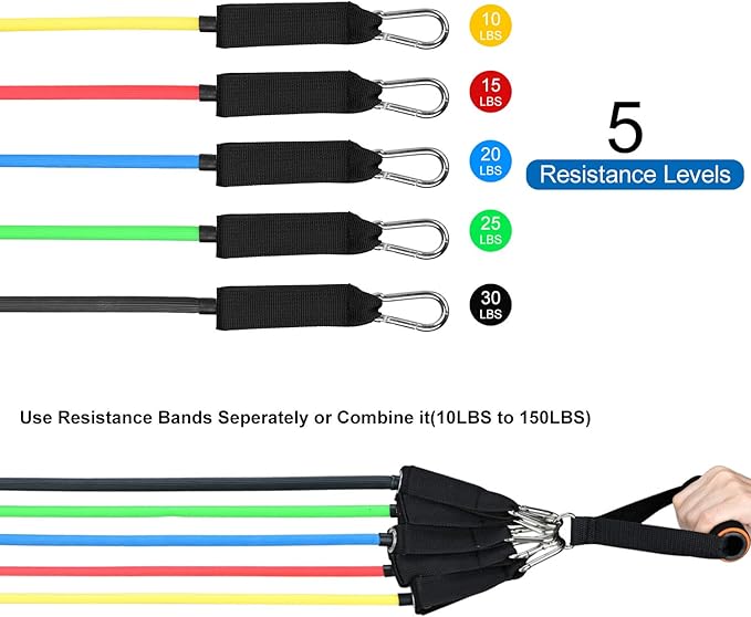 Resistance Bands and Workout Fitness Set - 5 Tubes, 2 Hand Grips, Door Anchor, Ankle Straps, Carrying Pouch,Yoga,Pilates, Physio Home Gym Equipment For Arm Legs