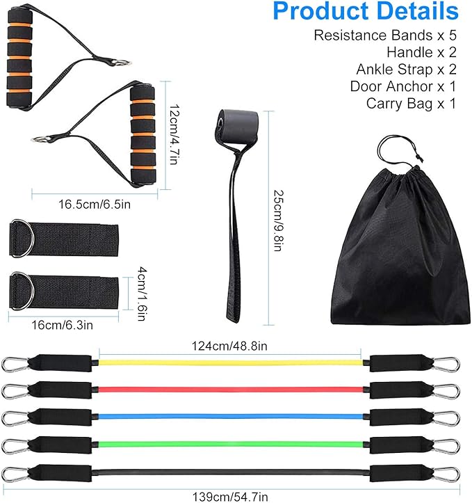 Resistance Bands and Workout Fitness Set - 5 Tubes, 2 Hand Grips, Door Anchor, Ankle Straps, Carrying Pouch,Yoga,Pilates, Physio Home Gym Equipment For Arm Legs