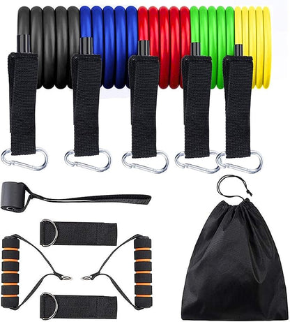 Resistance Bands and Workout Fitness Set - 5 Tubes, 2 Hand Grips, Door Anchor, Ankle Straps, Carrying Pouch,Yoga,Pilates, Physio Home Gym Equipment For Arm Legs